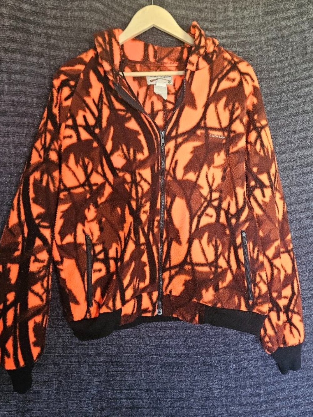 VTG Cabela's Blaze Orange Camo Fleece Hoodie Jacket Size XL Hunting Full Zip